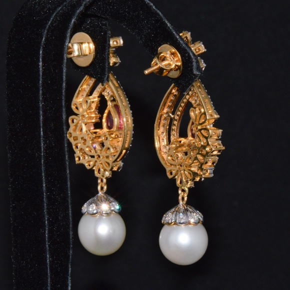 CERTIFIED NATURAL 24.16CTS VS F DIAMOND RUBY SOUTH SEA PEARL 18K GOLD EARRINGS - Picture 11 of 14